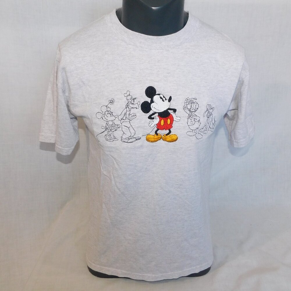 VTG 90s Mickey & Co Mickey Mouse Friends Gray Embroidered Sketch T Shirt  Mens M